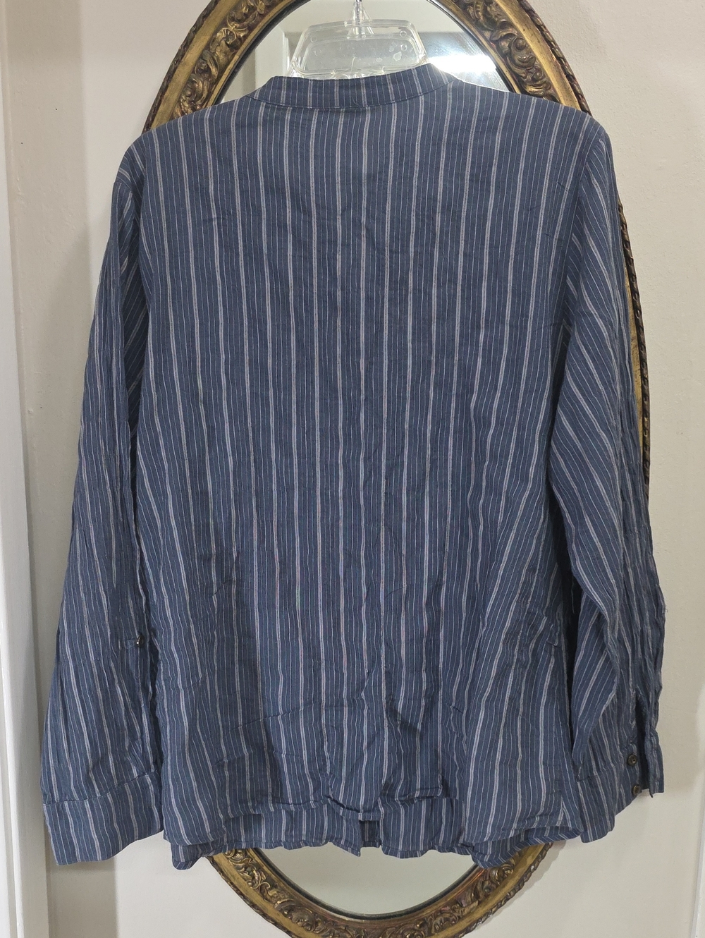 Nurture Blue Stripe Button-Front Shirt Tan Embroidery Loose Flowy Size XL Boho - Picture 5 of 11